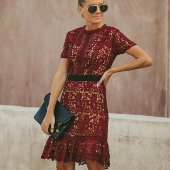 DO+BE Dresses & Skirts - DO + BE Burgundy Wine Embroidered Lace Fit & Flare Knee-Length Cocktail Dress